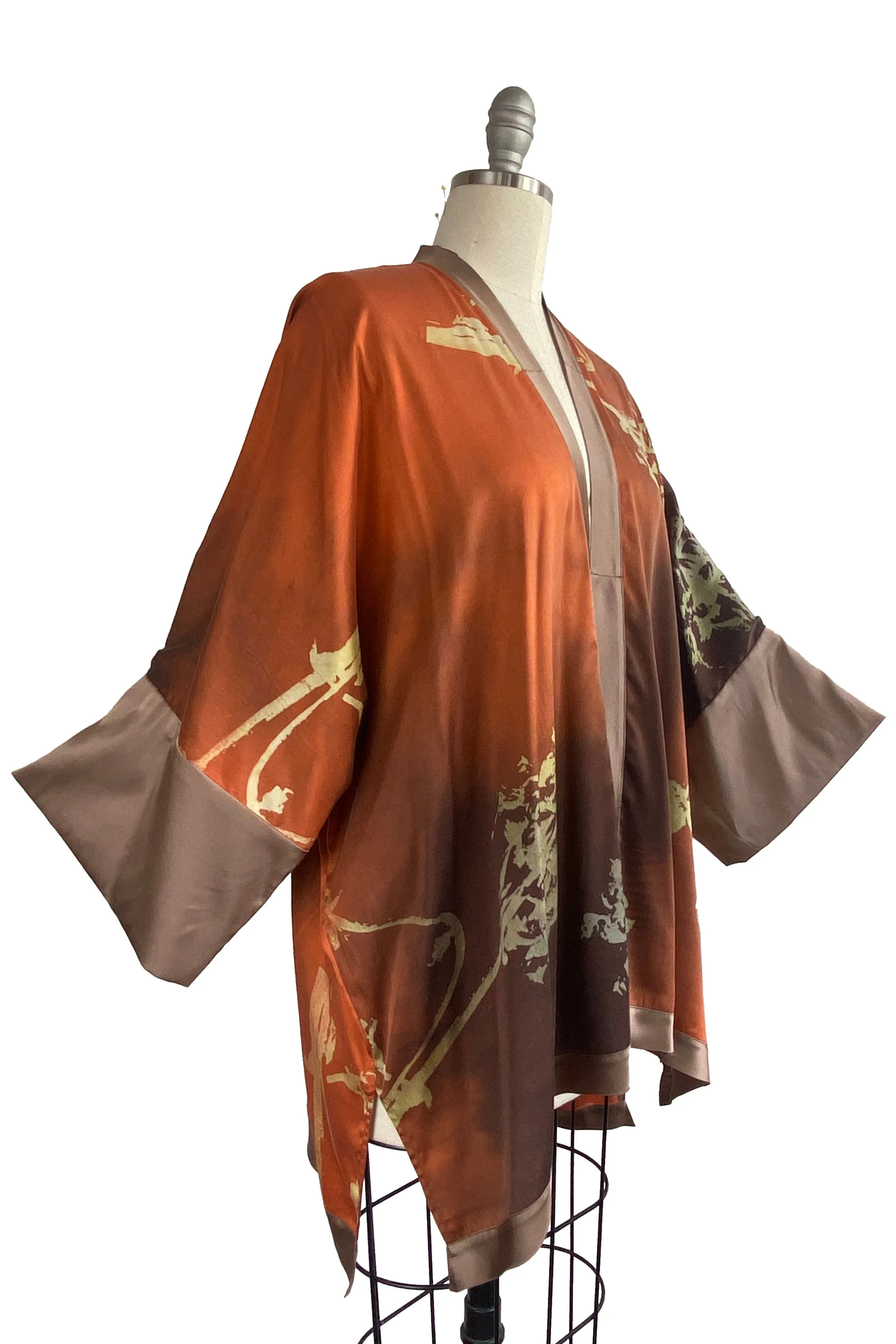 Lucianne Kimono in Silk Charmeuse w/ Dahlia Print - Orange