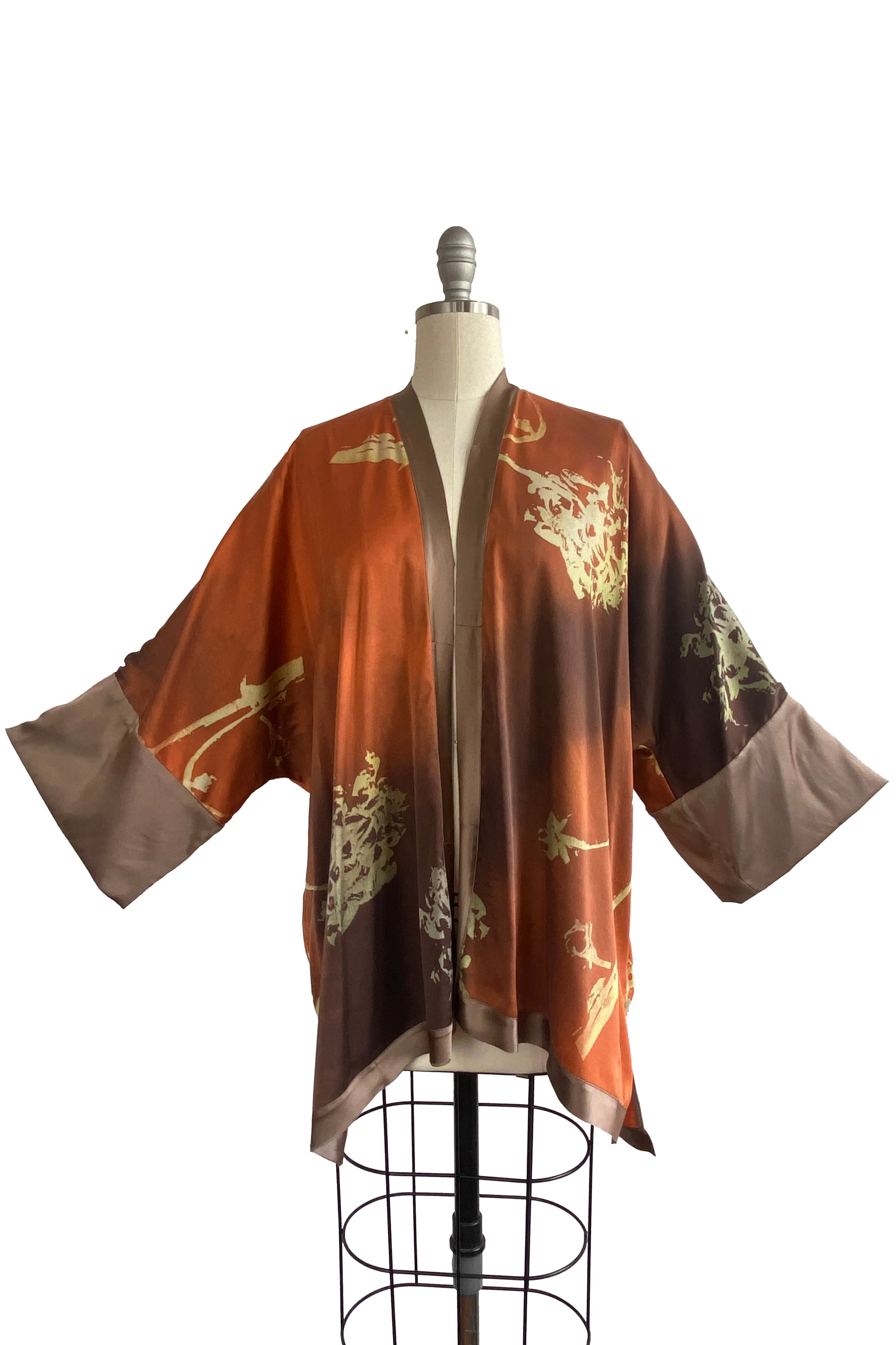 Lucianne Kimono in Silk Charmeuse w/ Dahlia Print - Orange