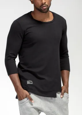 Men's 3/4 Sleeve Tee with Uneven Hem in Black