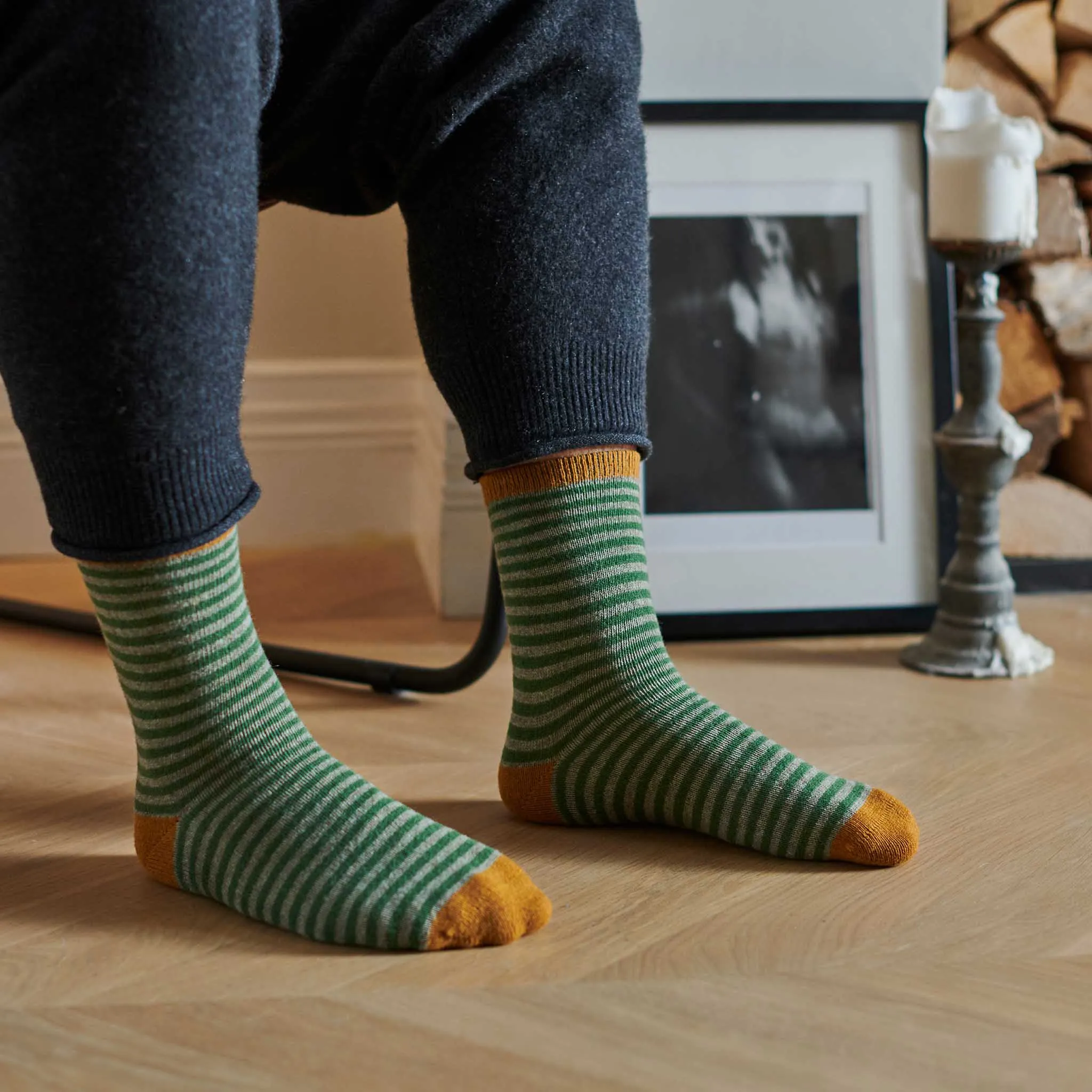 Men's Green Stripe Lambswool Ankle Socks