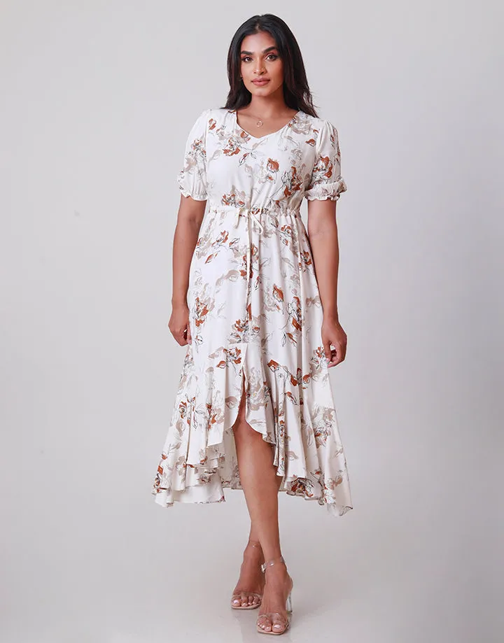 Printed Puff Sleeves High Low Hem Dress