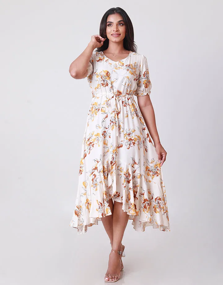 Printed Puff Sleeves High Low Hem Dress