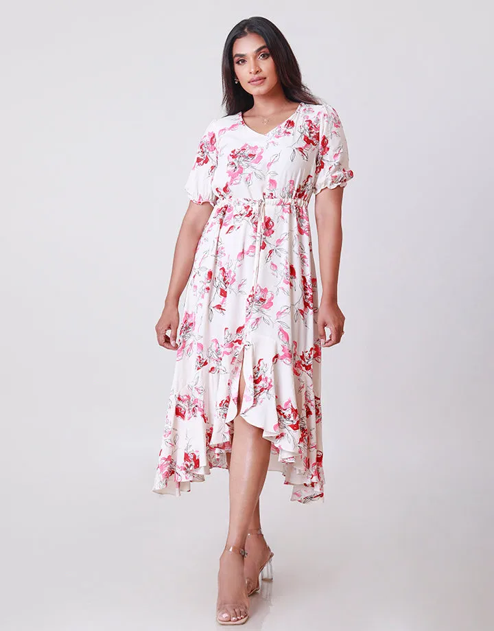 Printed Puff Sleeves High Low Hem Dress