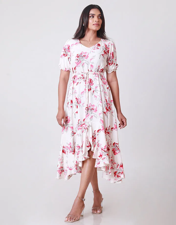 Printed Puff Sleeves High Low Hem Dress