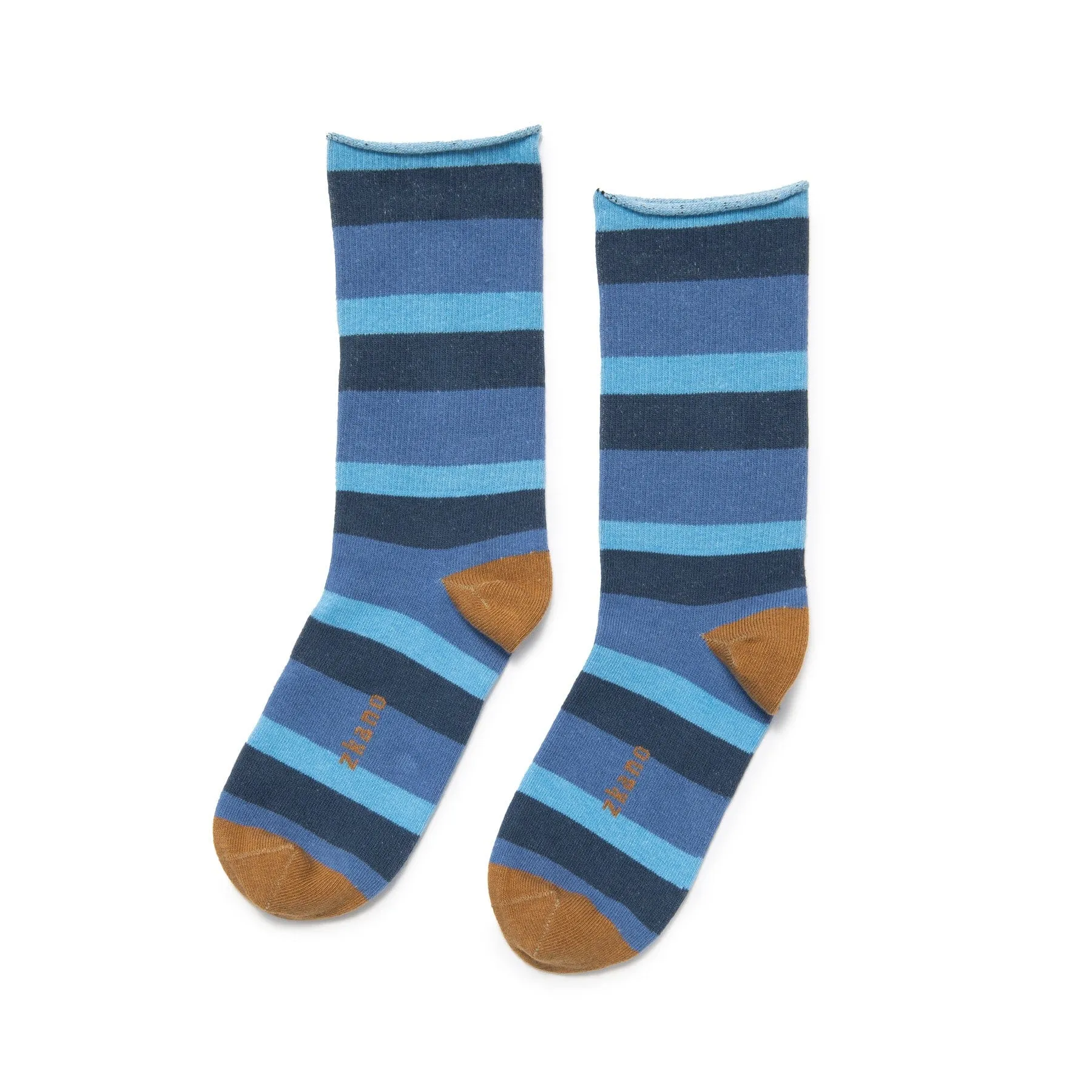 Rugby Stripe - Organic Cotton Roll Top Socks - Denim Blue