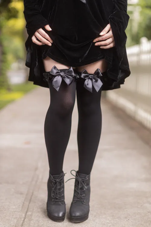 Satin Ruffle Trim Opaque Thigh High with Bow