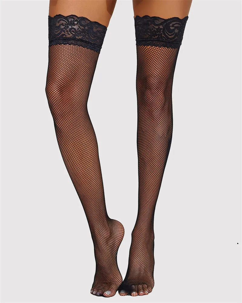 Sheer High Lace Trim Fishnet Tights High Stockings