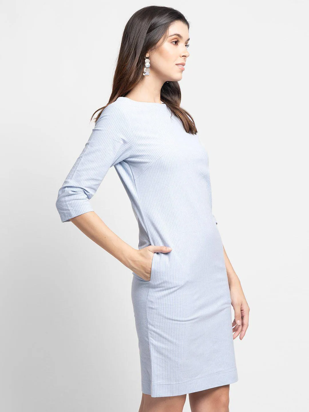 Striped Cotton Stretch Sheath Dress - Sky Blue