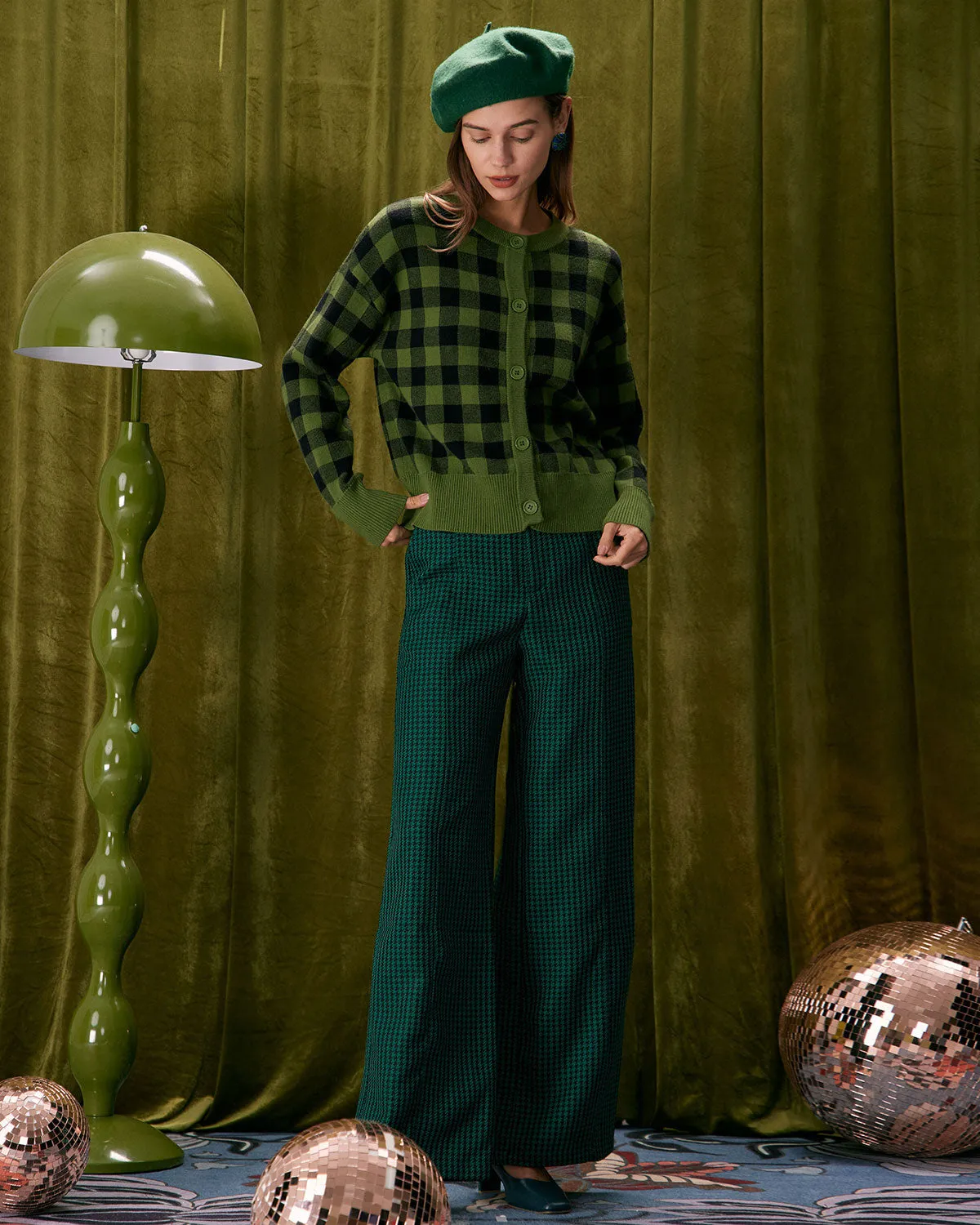 The Green Crew Neck Plaid Button Cardigan